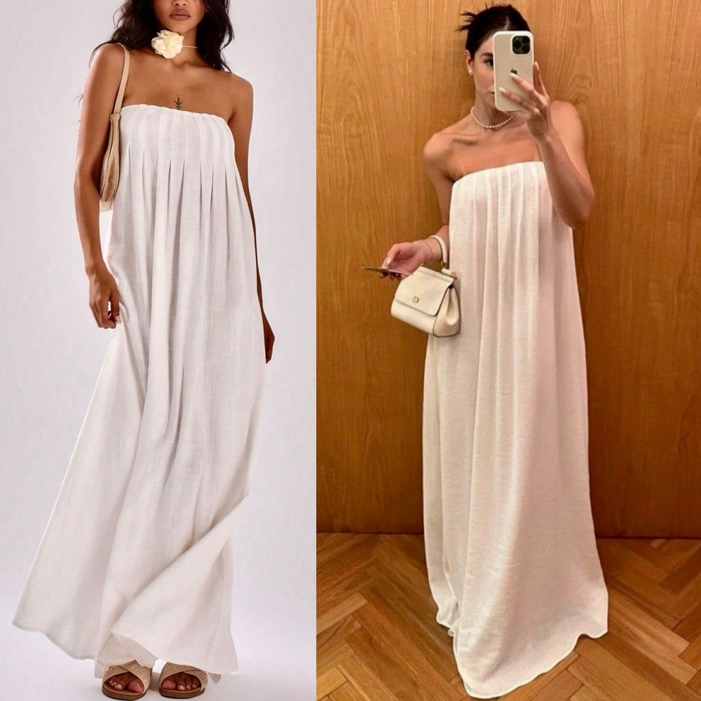 White strapless relaxed fit column dress, pleated bust maxi slip dress